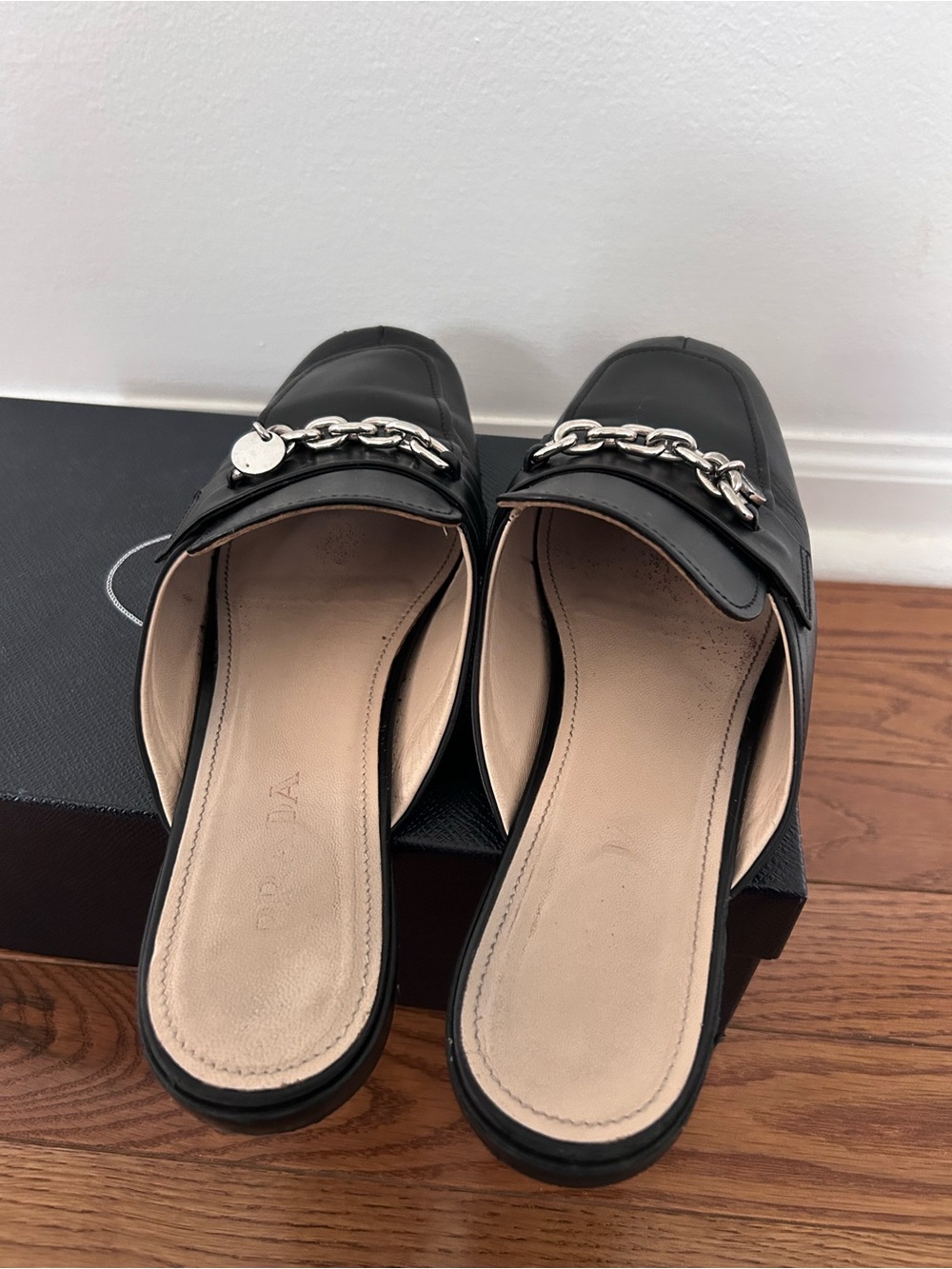 Prada Black Leather Chain-Trim Mule Loafers - Picture 3 of 4